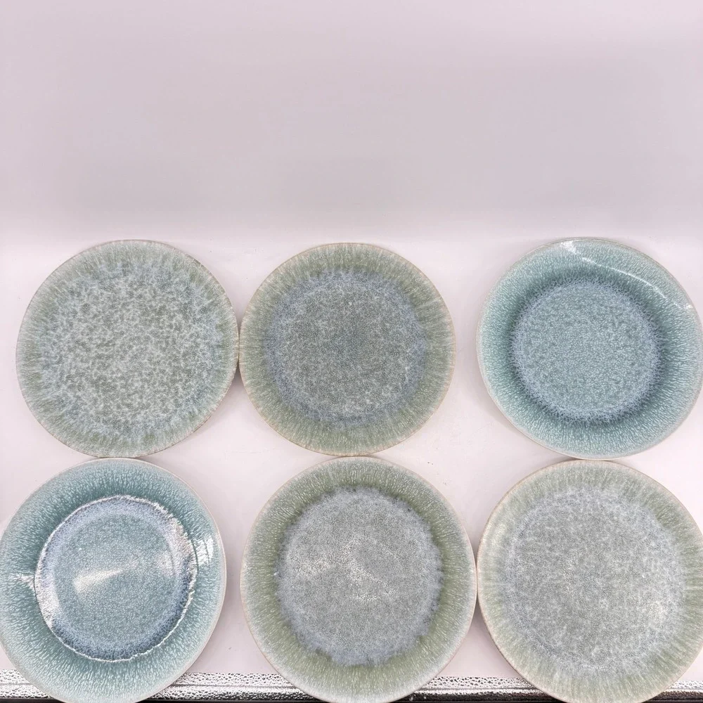West Elm Salad Plates Set of 6 Seafoam Green Blue Reactive Glaze Stoneware 8.5